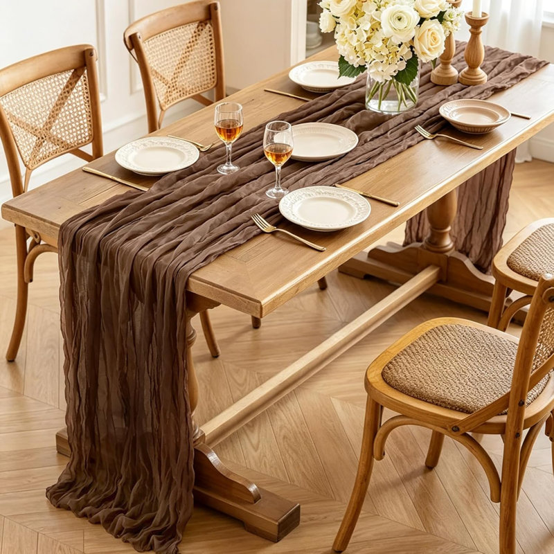 Chemin de table brun en étamine, chemin de table rustique Boho Gauze de 10 pi pour les décorations de fête d'anniversaire