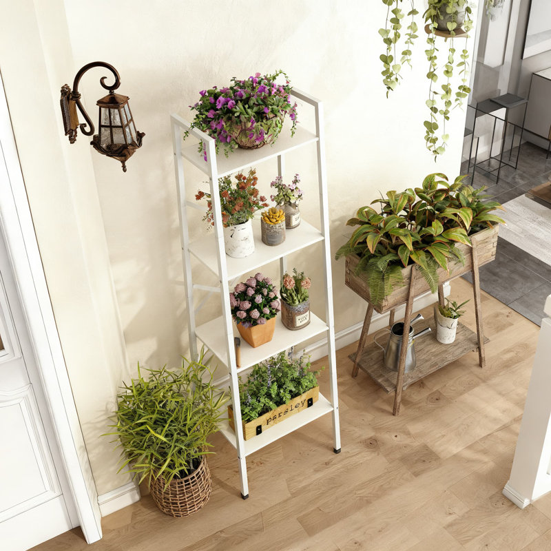 Industrial Ladder Bookshelf With Metal Frame, 4 Tier Tall Narrow Storage Shelf For Living Room, Home Office, Bedroom And Kitchen Display