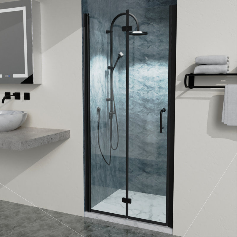 High-Quality 34 To 35-3/8 In. W X 72 In. H Bi-Fold Semi-Frameless Shower Doors In Matte Black With Clear Glass