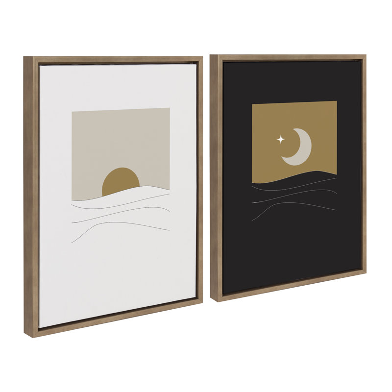 «Modern Sunrise and Sunset Over the Ocean» par The Creative Bunch Studio, ensemble d'art mural sur toile encadrée, Doré
