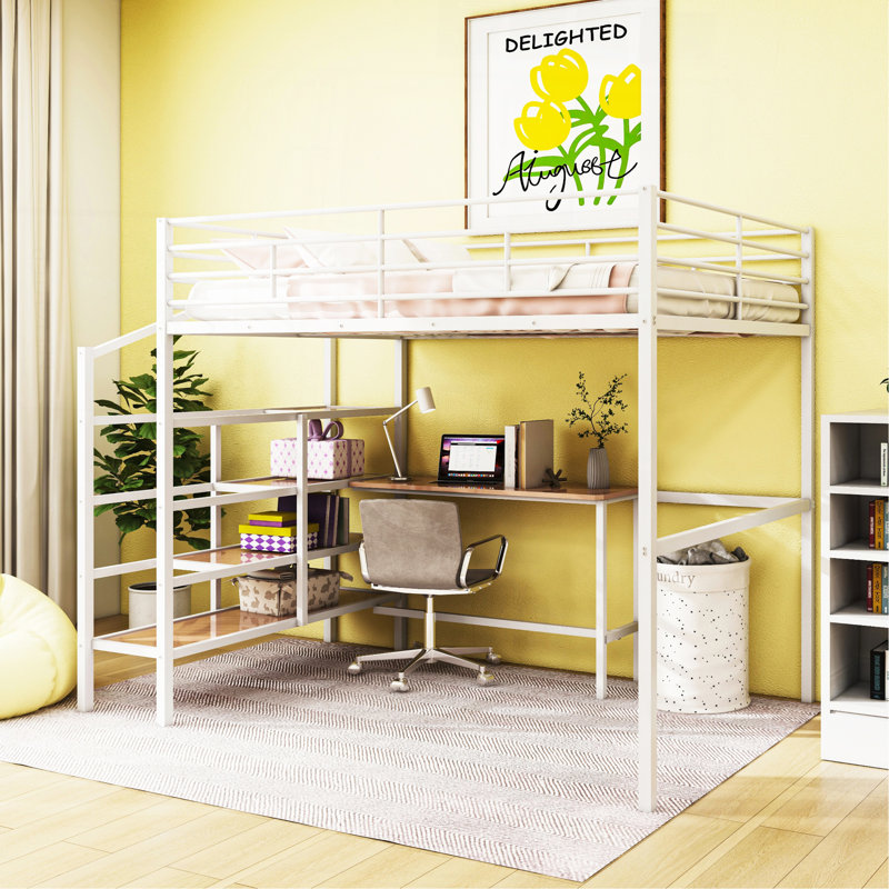 Full Size Metal Loft Bed With Desk And Lateral Storage Ladder, White