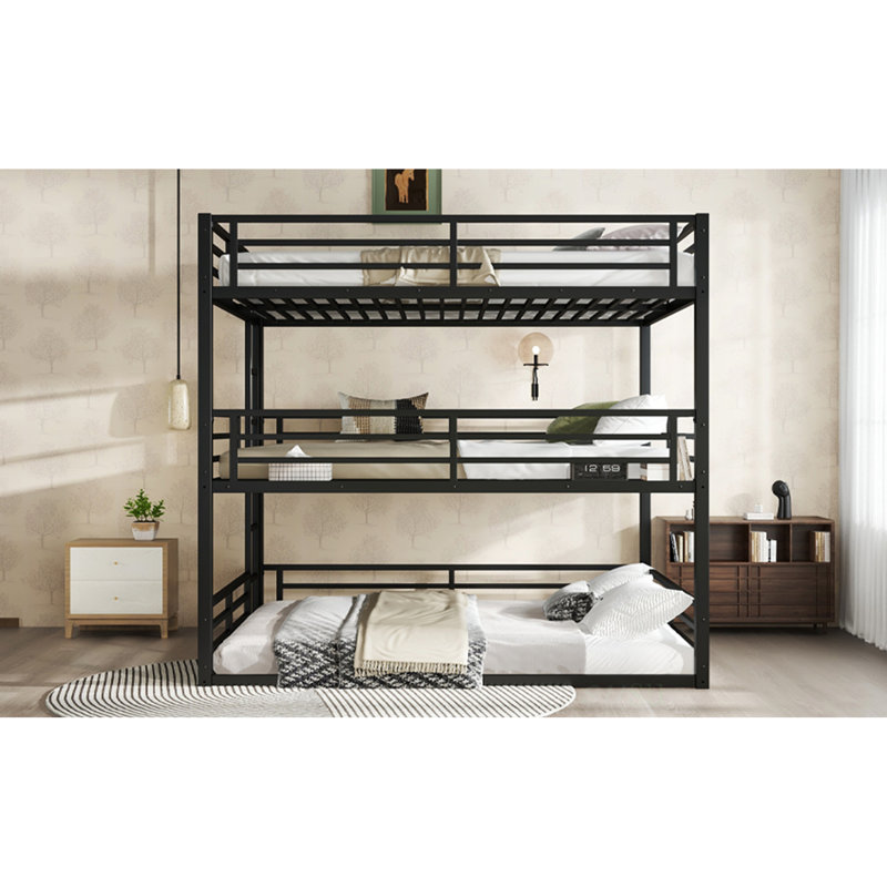 Queen Over Full XL Over Queen Bunk Bed, Metal Triple Bunk Bed With Safety Guardrails, Heavy-Duty And Noise-Reduced Design