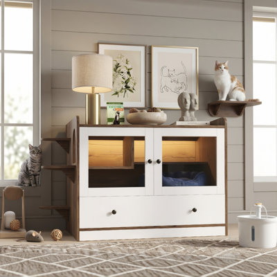 Hidden Cat Litter Box Enclosure with Drawer & Stairs