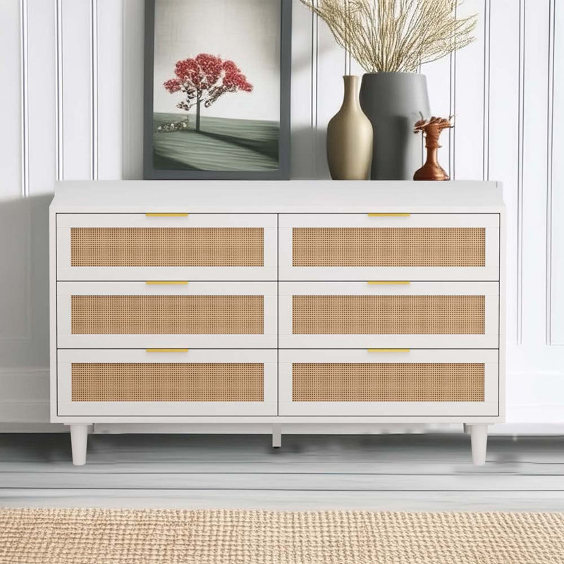 Commode à 6 tiroirs Ayanna, Blanc2, Doré, H 29,53 po x l 51,18 po x P 15,75 po