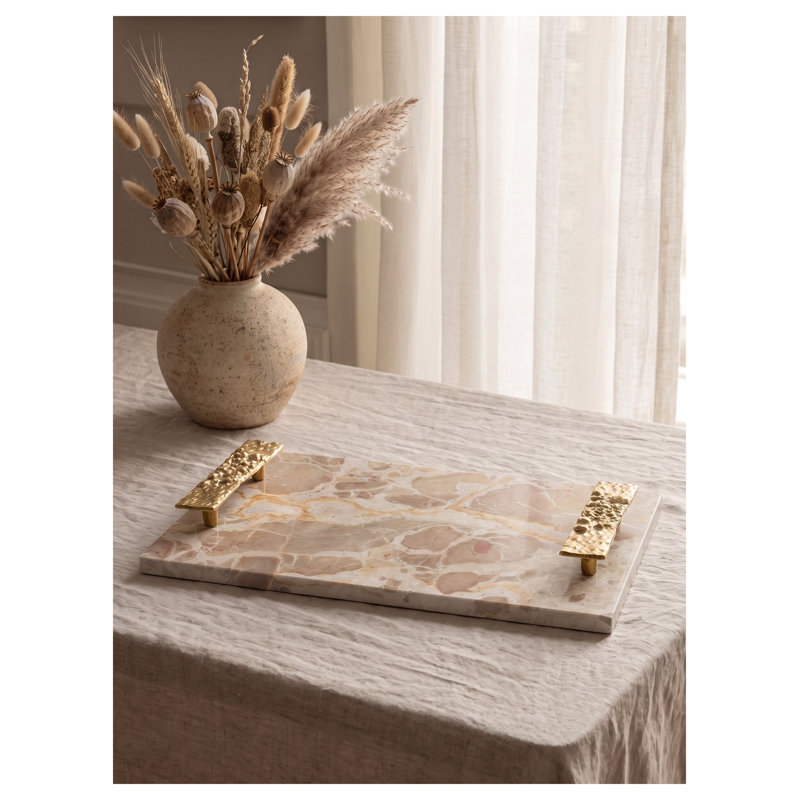 17.7x9.7x2" Marble Tray with Gold Handles