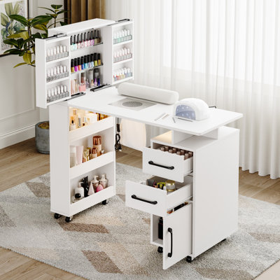 Professional Manicure Table Nail Desk with Lockable Swivel Casters, Side Display Cabinet, Expandable 3-Tier Sliding Storage, Built-in Dust Collector, LED Light Strip & Wrist Cushion