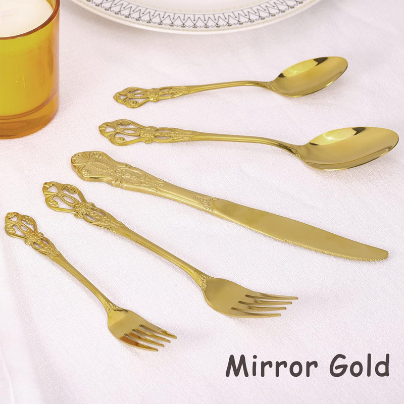 Ensemble de couverts 40 pièces pour 8 pièces, couverts en acier inoxydable de style baroque, ensemble de couverts à finition miroir comprenant cuillères, fourchettes, couteaux et vaisselle élégante