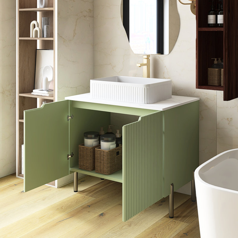 Armoire de rangement de salle de bain autoportante moderne 30 po avec 2 portes, lavabo en céramique blanche et comptoir blanc de Carrare, sans robinet, couleur vert clair