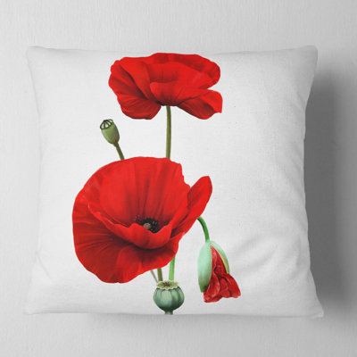 Red Poppies on White Background - Floral Printed Pillow