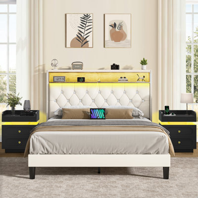 Platform Bed With Storage Headboard And LED Lights,Equipped With Modern  End Table For Bedroom 5 Set