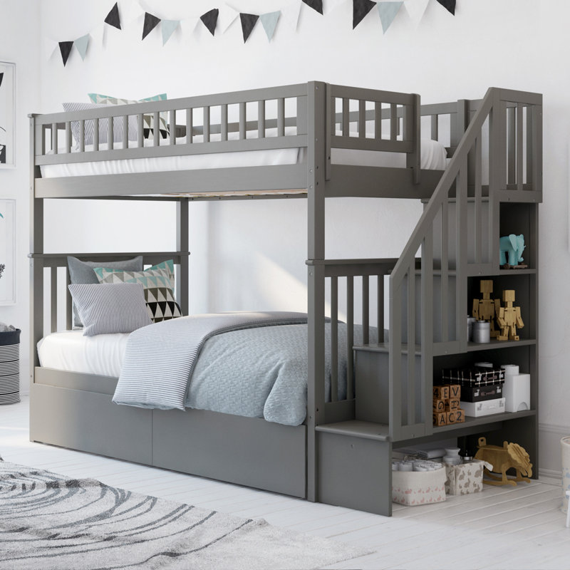 Lit superposé en bois avec escalier et tiroirs Ilariana, Simple sur simple, Gris