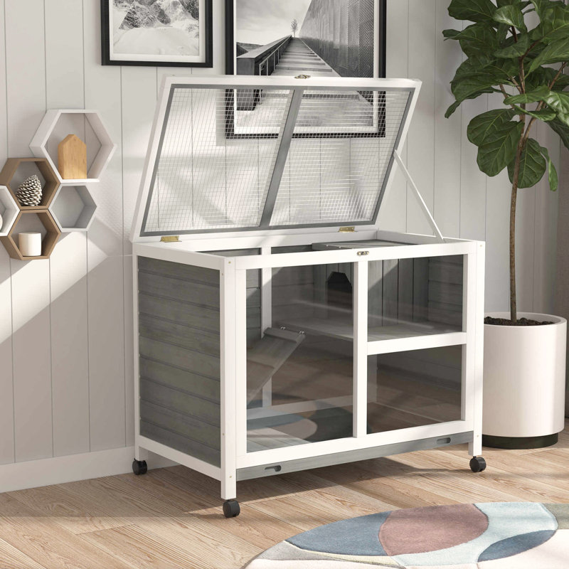 Cage à lapin compacte avec roues transportables - Imperméable, roues intérieures grises, bureau et table d'appoint. Bois imperméable pour 1 ou 2 lapins nains. 36 po x 21 po x 28,75 po. Mouvement simple