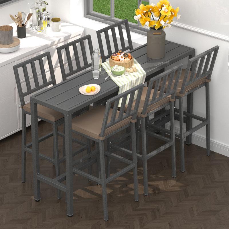 7 - Piece Rectangular Outdoor Dining Set With Cushions,outdoor Patio Bar Set For Backyard, Garden, Gray