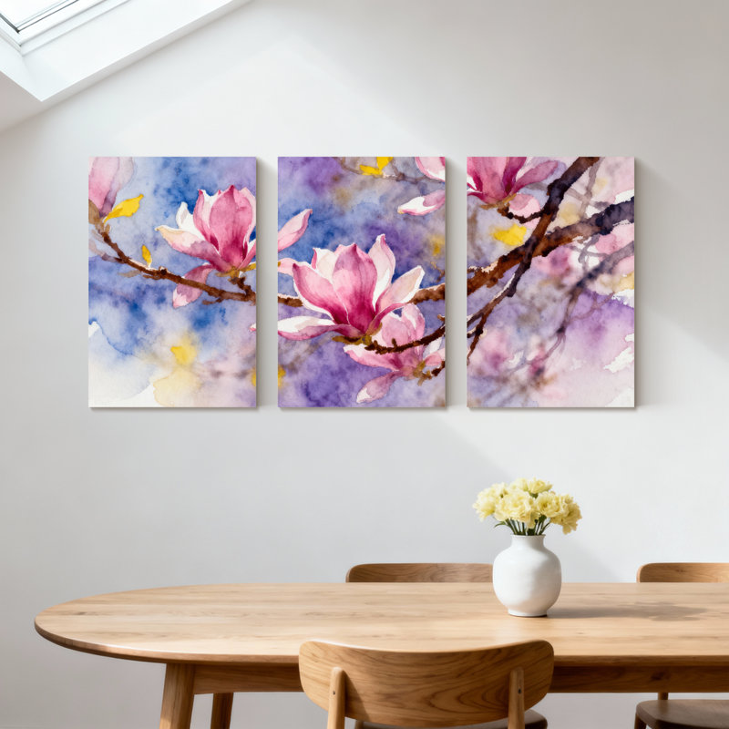 «Magnolia Pink Magnolia Blossoms On Branches», ensemble de 3 impressions sur toile, H 18 po x l 36 po