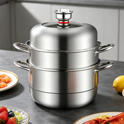 3-Tier Stainless Steel Steamer Pot with Mechanical Timer Lid, 11-Inch Steamer Cookware Set with 2 Steamer Trays for Dumplings and Seafood