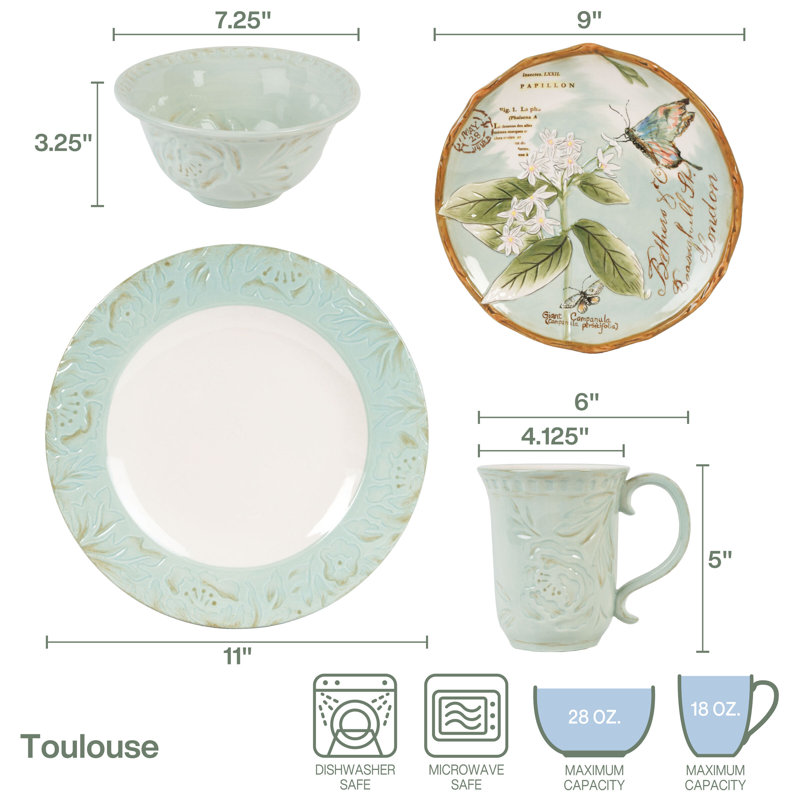 Toulouse Green Hand-Painted Ceramic 16-Piece Dinnerware Set