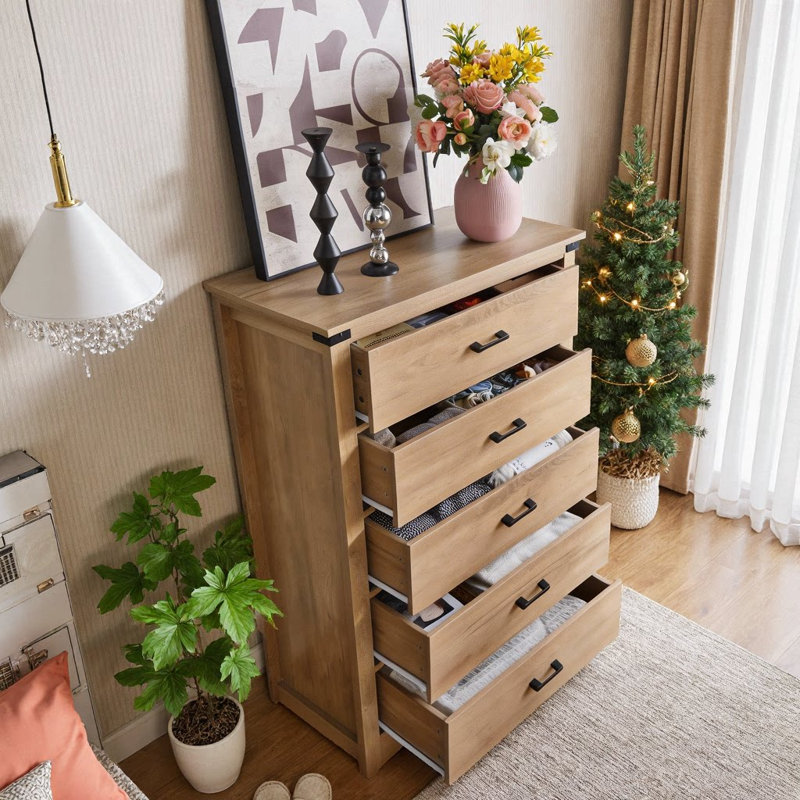 Commode haute à 5 tiroirs avec rangement vertical spacieux, commode de chambre en bois naturel