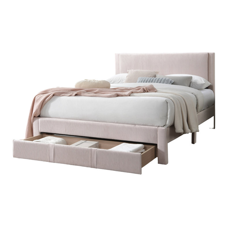 Lit plateforme rose en velours côtelé - pleine grandeur avec tiroir sous le lit pour l'adaptabilité de la chambre à coucher Style contemporain et rangement