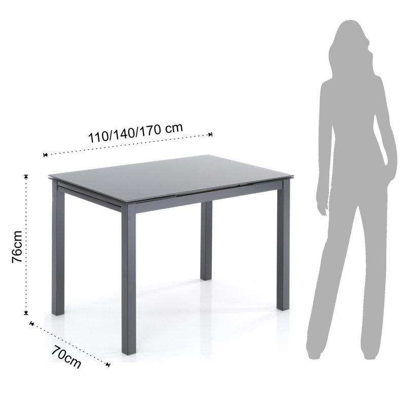 Rayden Extendable Glass Top Metal Base Dining Table, Grey