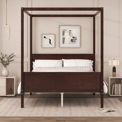 Lit plateforme à baldaquin Queen avec tête de lit, pied de lit et sommier à lattes, couleur espresso