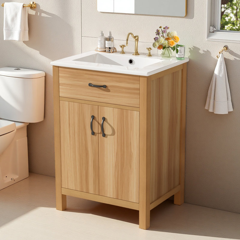 Single Bathroom Vanity with Ceramic Top, Solid Wood Frame, Flip Drawer, and 2 Soft-Close Door, 24"