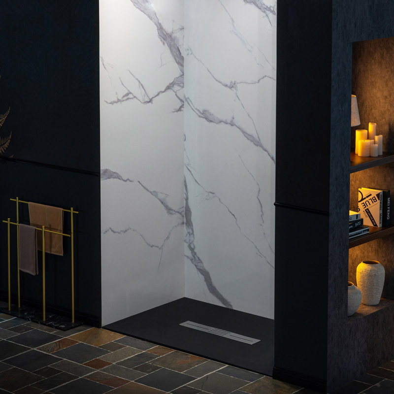 WOODBRIDGE 3-Piece Solid Surface Tile Tub And Shower Wall Panel Surround Kit In High Gloss White, Quick Install And Trimmable.