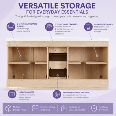 Ensemble de meuble-lavabo à double cuve en céramique Damarquis avec 4 portes et tablettes réglables