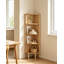 Étagère de coin à cinq niveaux avec rangement intégré, présentoir mural d'angle pour salon, chambre et bureau, finition chêne robuste
