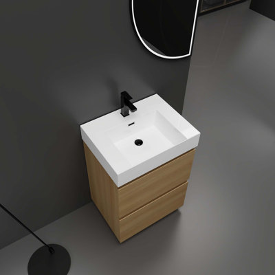 Meuble-lavabo pour salle de bain avec lavabo simple, meuble-lavabo sous-comptoir moderne avec double tiroir, meuble-lavabo autoportant, bois d'ingénierie, chêne