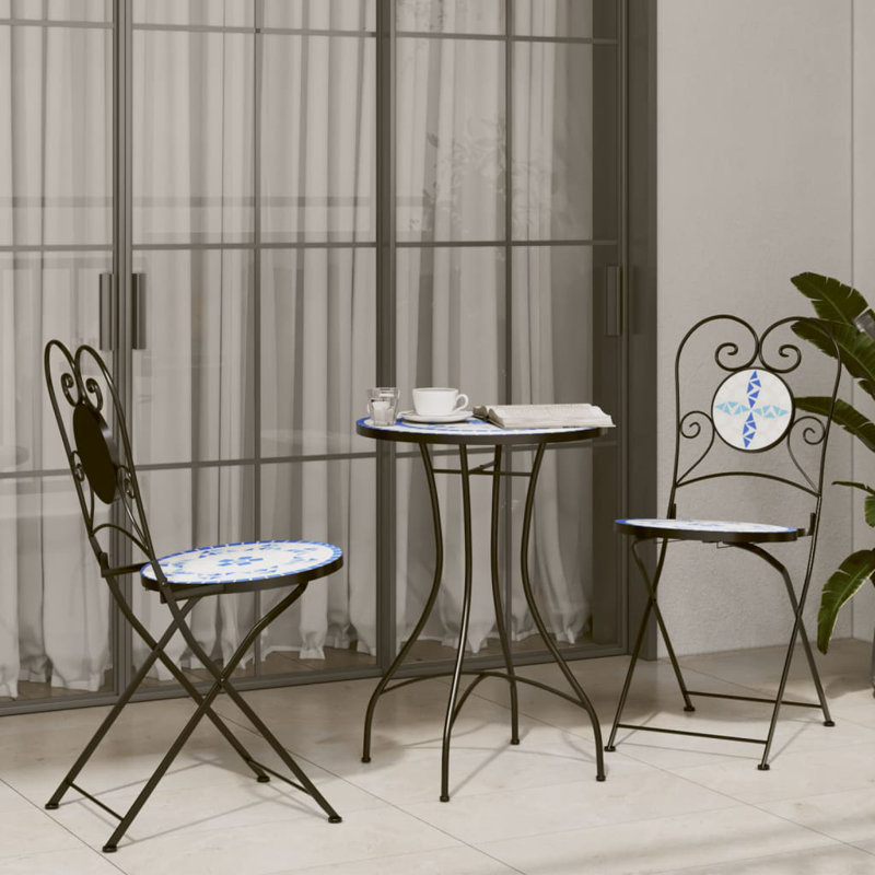 Foldable Garden Chair Set, Blue and White