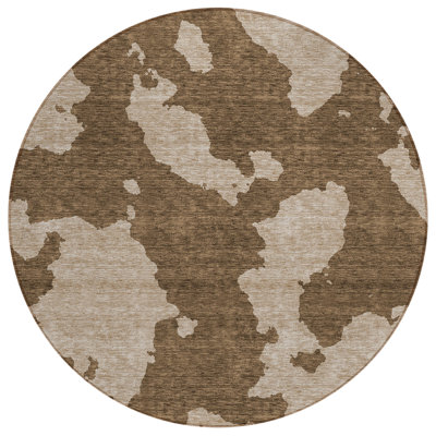 8' Brown And Beige Round Abstract Washable Indoor Outdoor Area Rug