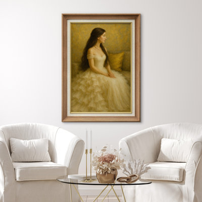 Élégante femme en robe ivoire, portrait assis, décoration murale classique, impression sur toile encadrée