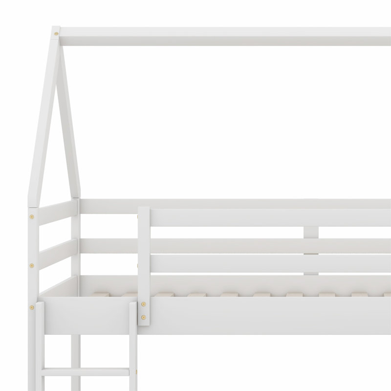 Bunk Bed House Bed With Roof And Slider, Platform Bed, Bed Frame, White, Twin over Twin