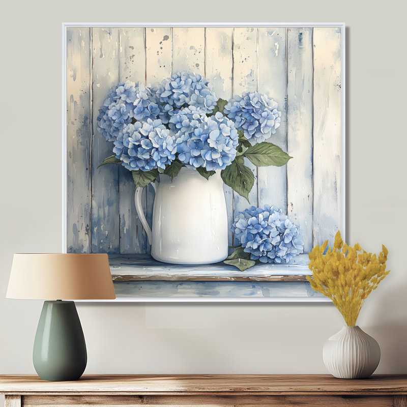 Minimalisme, hortensias dans un pot à lait II - hydrangées, art mural, Impression encadrée flottante, H 16 po x l 16 po