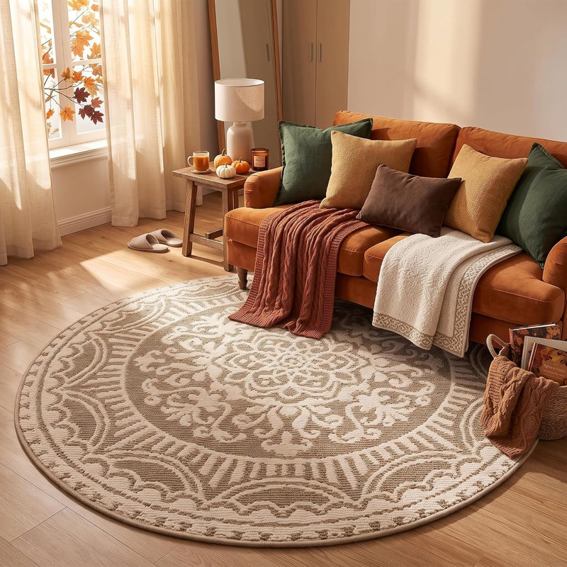 Tapis rond rond résistant aux taches beige, Rond 4 pi