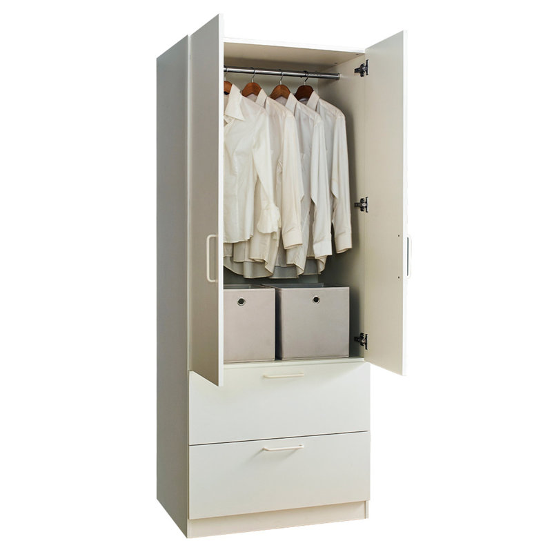 Armoire en bois à deux portes Emma avec deux tiroirs et barres suspendues blanches
