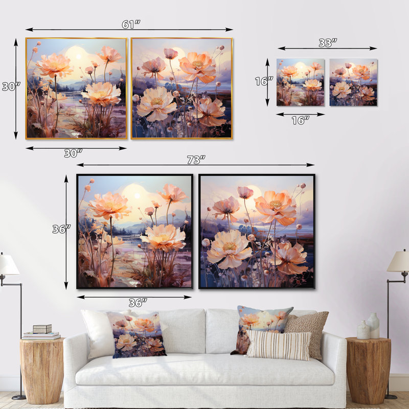 Verre floral sur fond de montagne - ensemble de 2 collages floraux carrés, Toile tendue, H 16 po x l 33 po