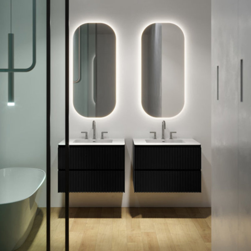 Linear 30 In. W X 21 In. D X 21.5 In. H Bath Vanity In Black Gloss With Solid Surface Countertop, 24.25" W