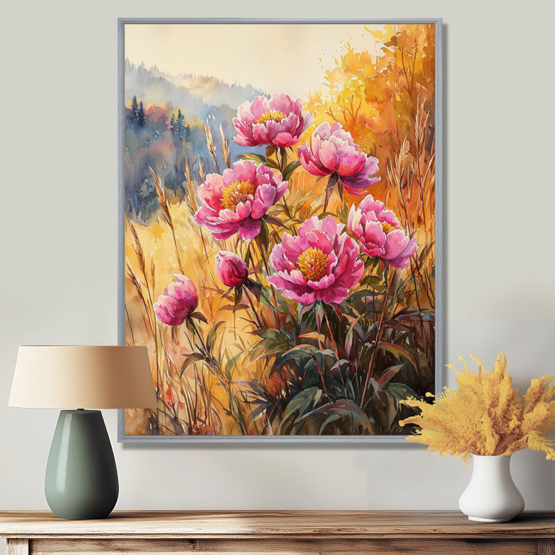 Pivoines à l'automne Hillside II - pivoines, art mural encadré, H 20 po x l 12 po, Reproduction avec cadre flottant