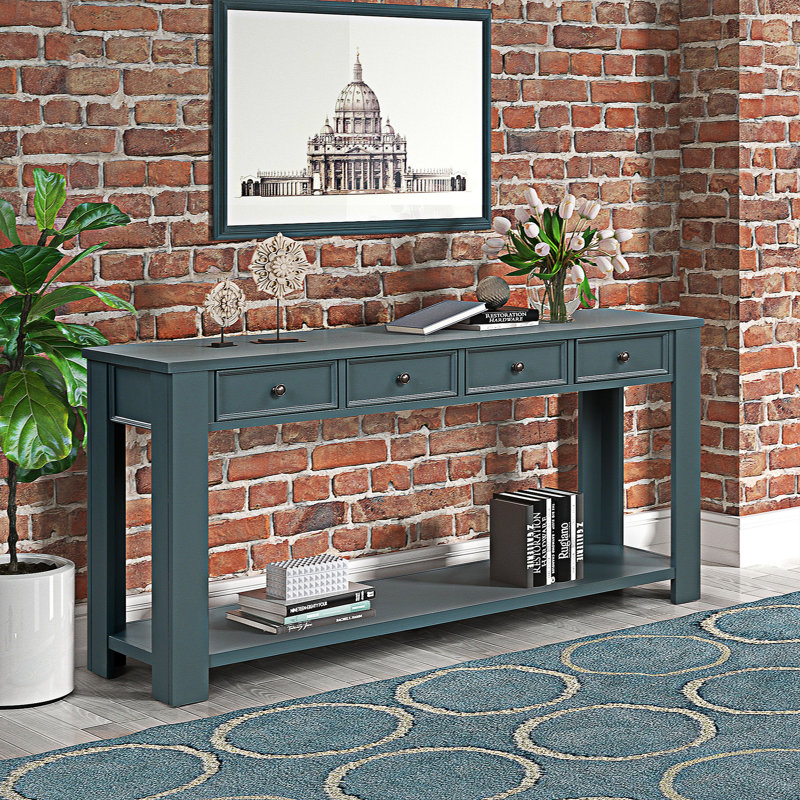 Console Caprisha avec 4 tiroirs et 1 tablette inférieure, Bleu, Bleu