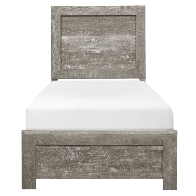 Structure de lit simple de style rustique, couleur grise, matériau en bois, livré avec tête de lit et taille des rails pour la chambre à coucher, bois, rails, sommier nécessaire