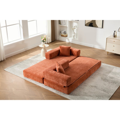 Lit pliant avec coussins, canapé convertible en chenille orange, 3 places, capacité de 600 lb pour le salon, dortoir, housse amovible pour lit mezzanine, conception à fermeture à glissière, rangement latéral et bas coulissant