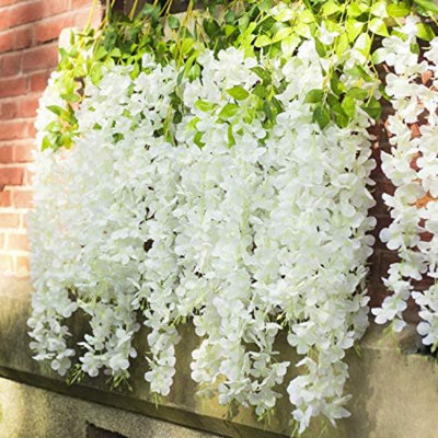 (36 Branches 12 Pack /45 Inch /3.7Ft Wisteria Hanging Artificial Flowers Fake Bushy Silk Vine Garland String For Wedding Party Garden Greenery Home Wall Deco Beige+Green+White