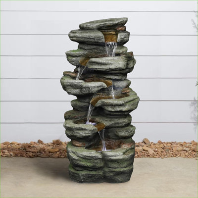 Fountains 6-Tier Natural Rock Waterfall Fountain with LED Lights, for Outdoor Garden Patio Indoor | Resin | Rock