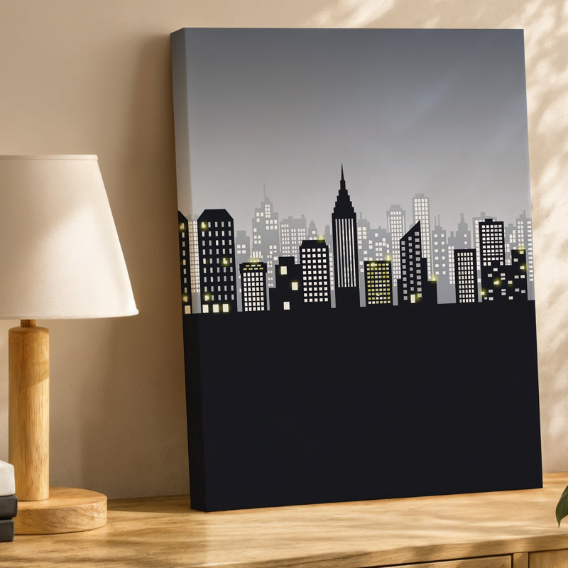 Toile, silhouette minimaliste d'une ville sur un fond dégradé, art mural transitionnel de gris foncé, H 24 po x l 18 po