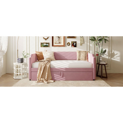 Twin Size Velvet Upholstered Daybed With Pop Up Trundle, Pink