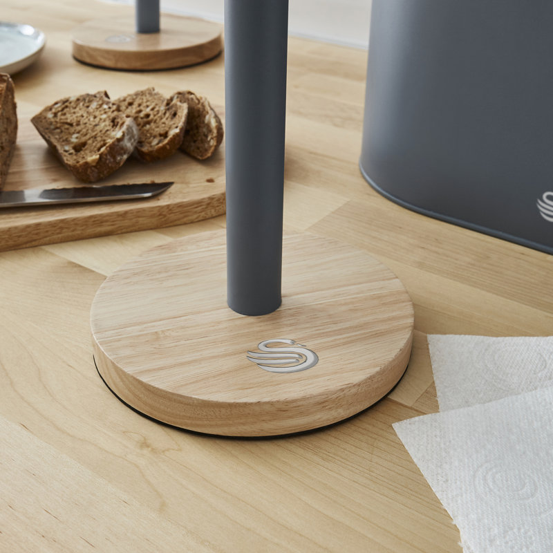 Swan SWKA17511 Nordic Scandi Towel Pole/Kitchen Roll holder with Non-slip Wooden Base, Cotton White, Steel, One Size, Grey