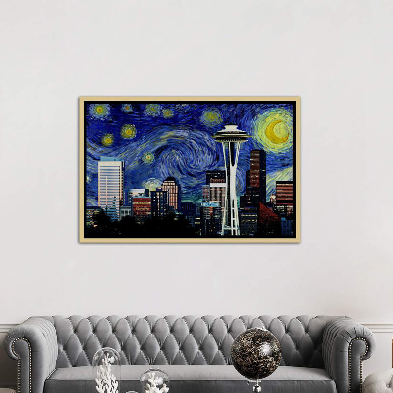 Seattle, Washington Starry Night Skyline - impression d'art graphique, Toile tendue, H 40 po x l 60 po x 1,5 po