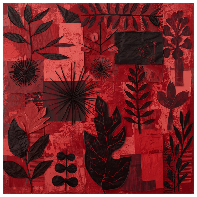 Toile tendue avec châssis de feuilles rouges et noires, 16 po x 16 po