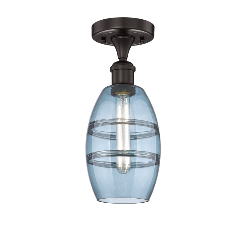 Plafonnier semi-encastré 1 lumière Edison - Abiagael, Bleu princesse, H 8,25 po x l 5,88 po x P 5,88 po, Bronze huilé
